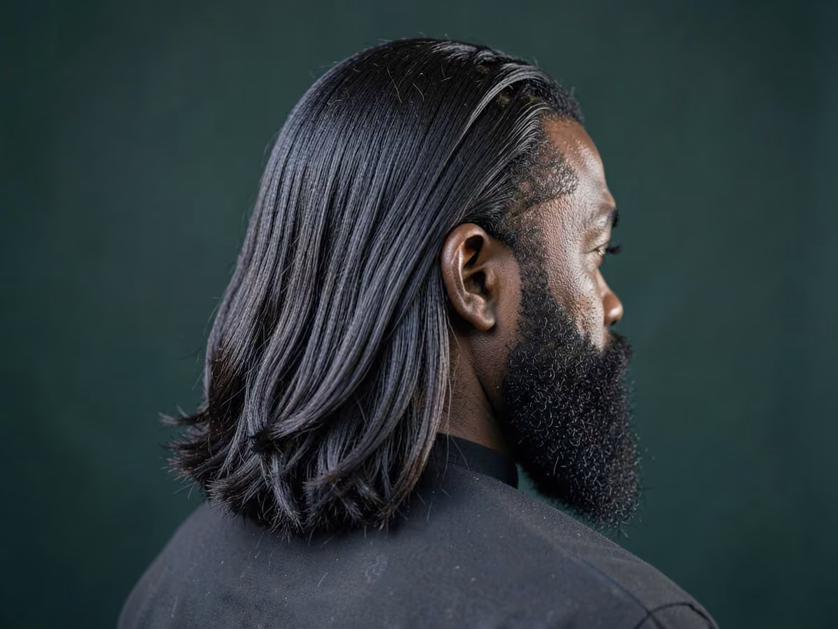 Man with a shoulder length thick hair