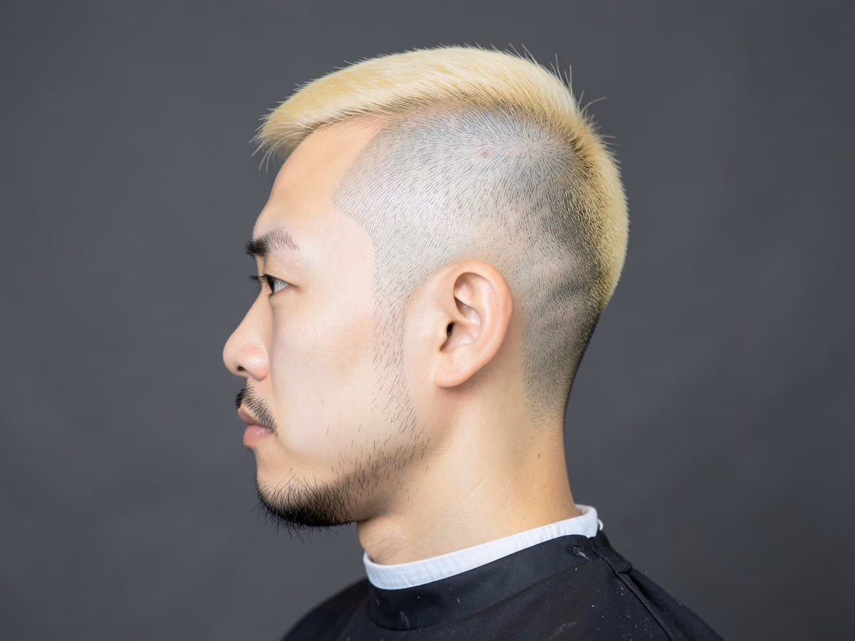 Man with a thin blonde hair haircut
