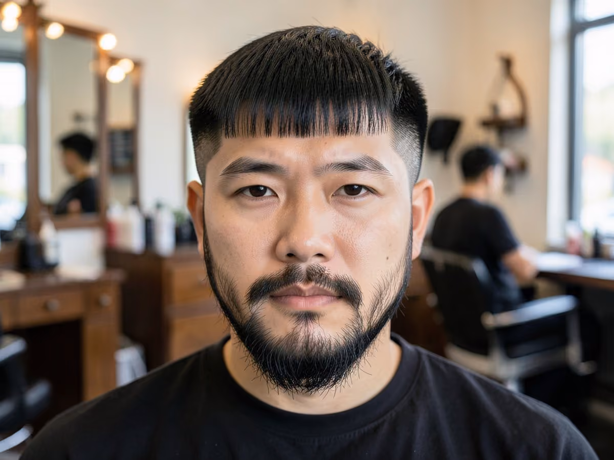 Man with a thin hair blunt fringe crop