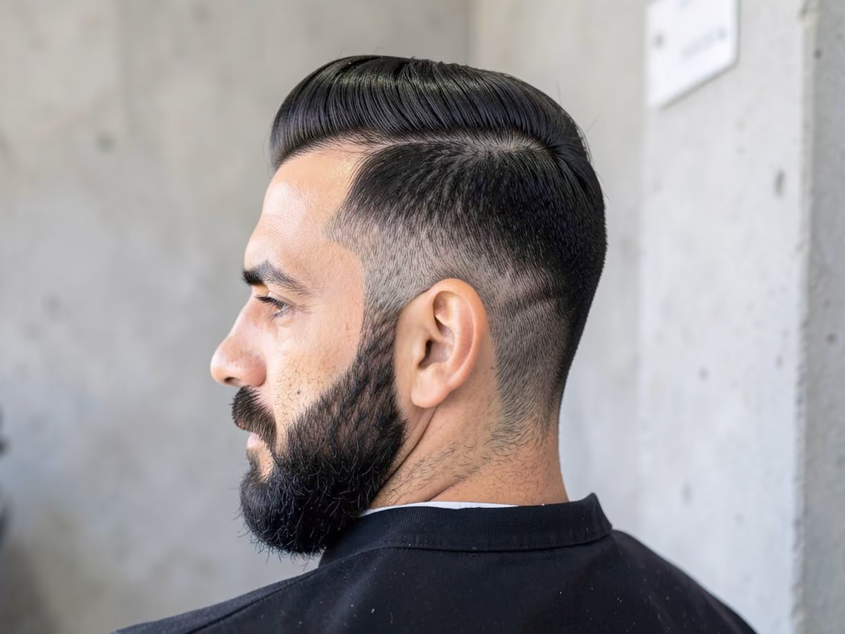 Man with a thin hair forward sweep