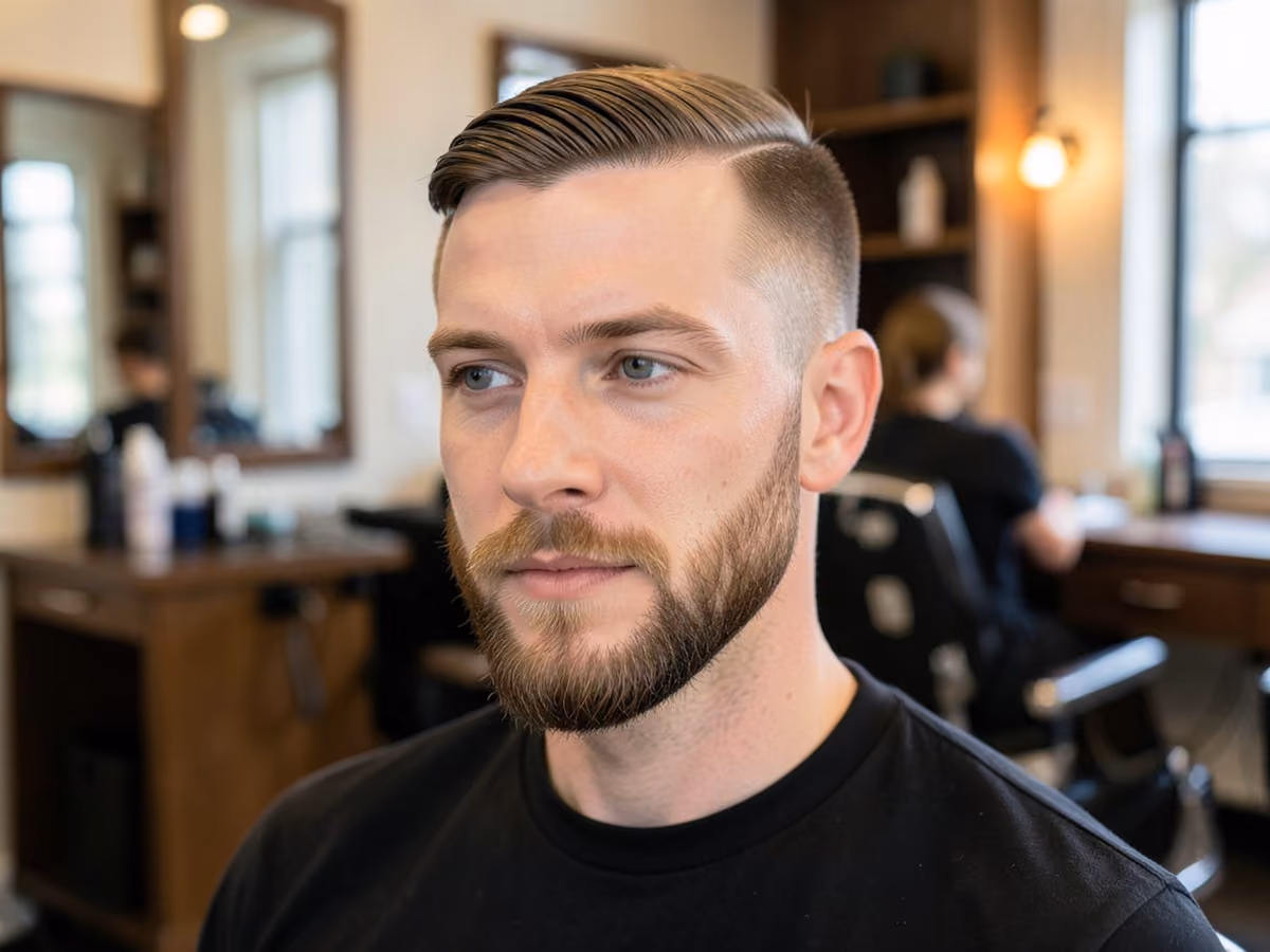 Man with a thin hair side part with beard