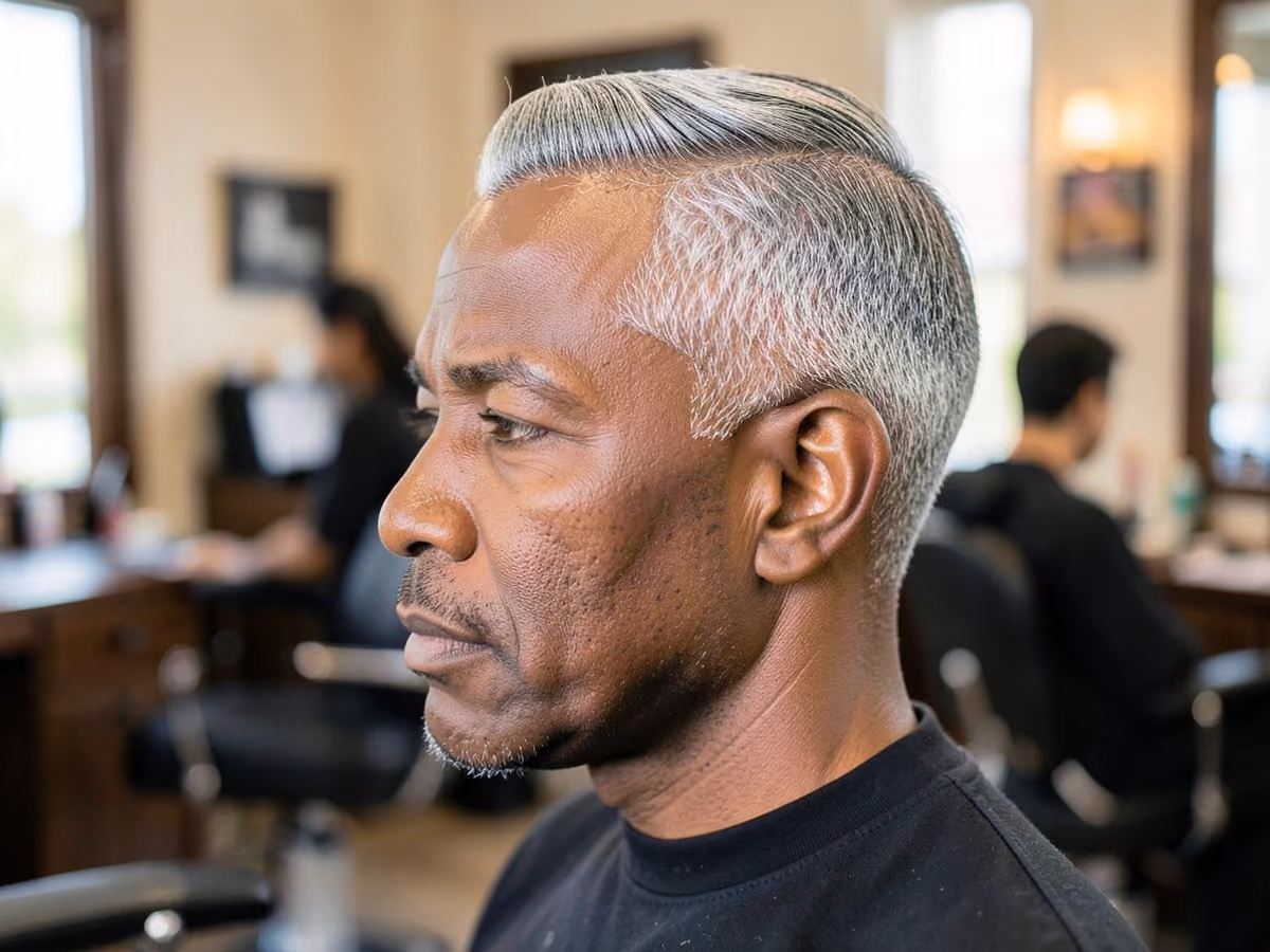 Man with a thin hair swept back medium cut