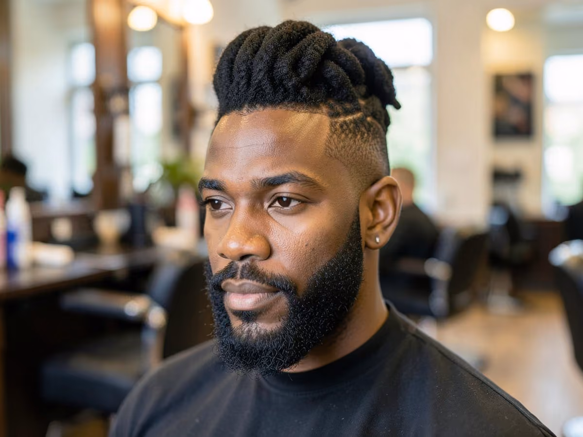Man with a twisted high puff haircut