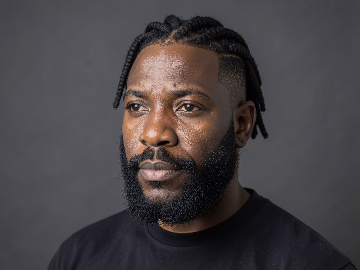 Man with a two-strand twists with low taper haircut