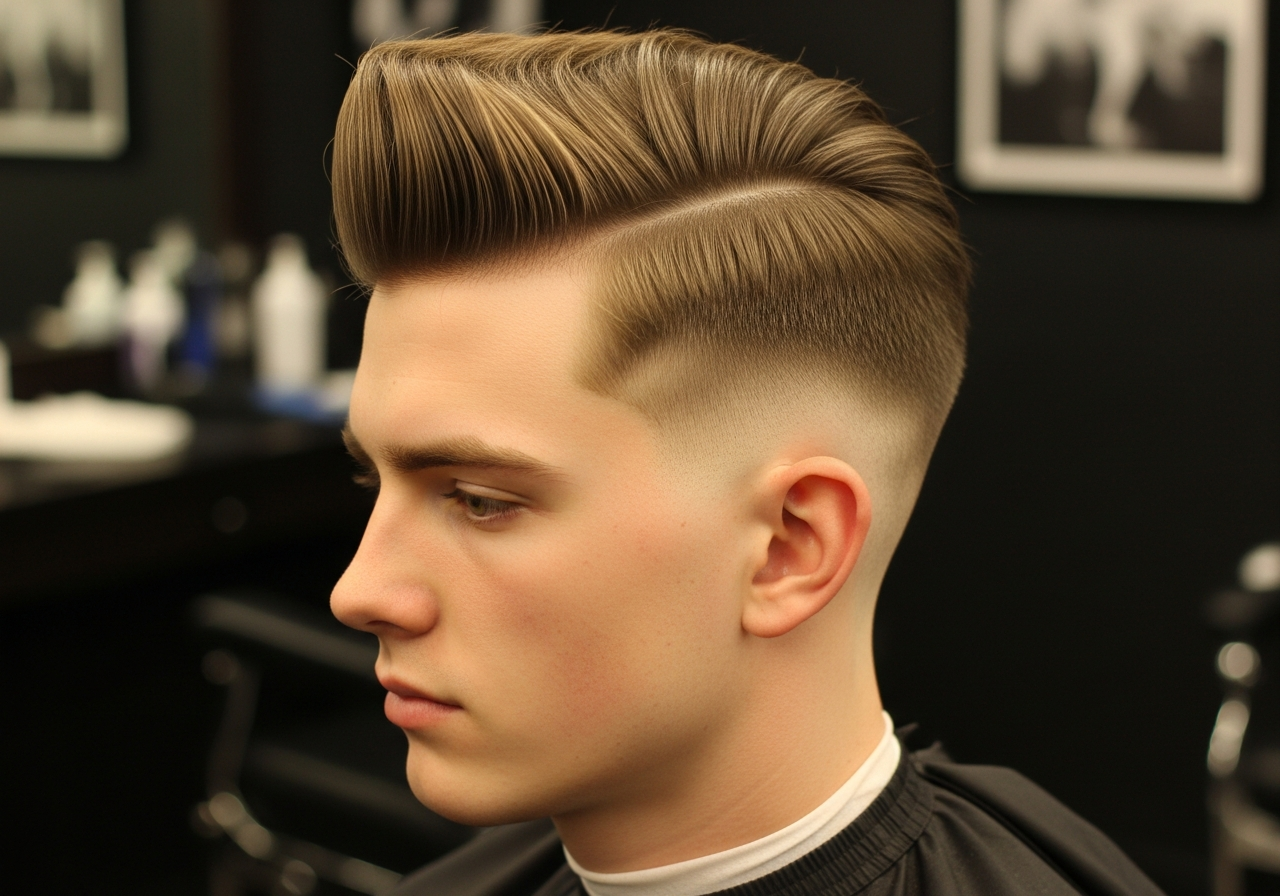 Men's Classic Pompadour Undercut Hairstyle 2026 - Swept-up voluminous pomp with skin faded sides
