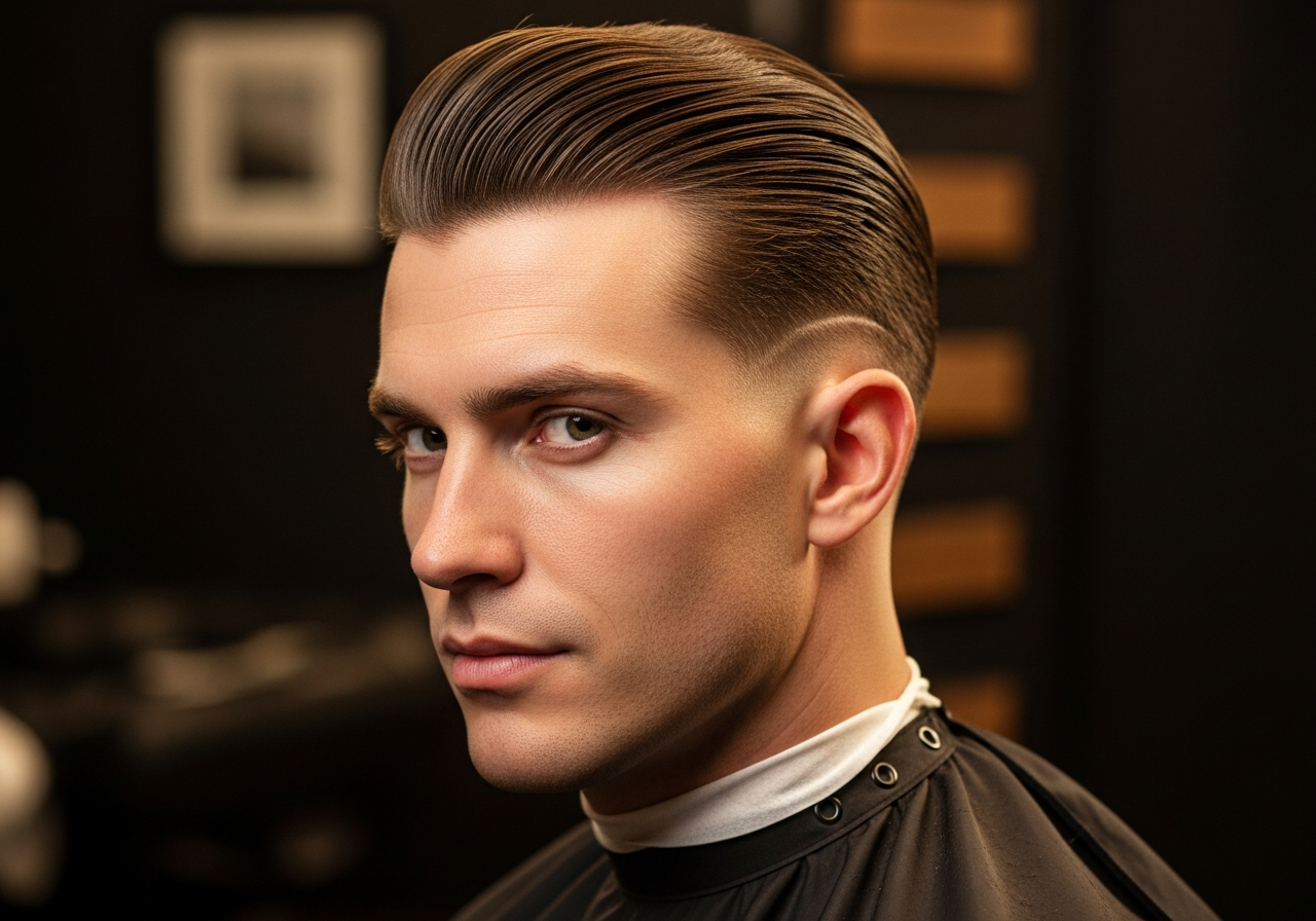 Men's Classic Slicked-Back Undercut Hairstyle 2026 - Glossy long top with sharp skin faded sides, perfect for oval faces