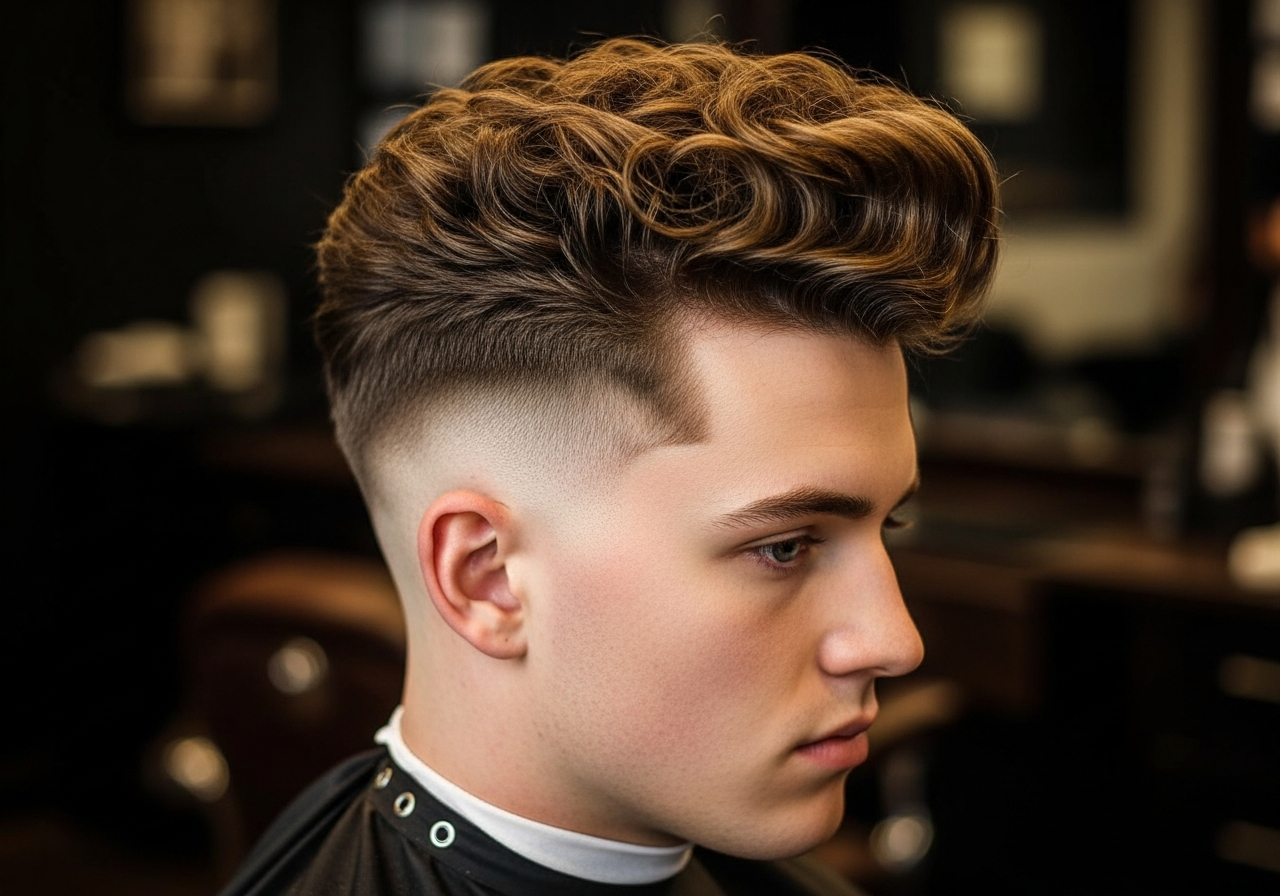 Men's Curly Pompadour Undercut Hairstyle 2026 - Coiled voluminous pomp with skin faded sides for round faces