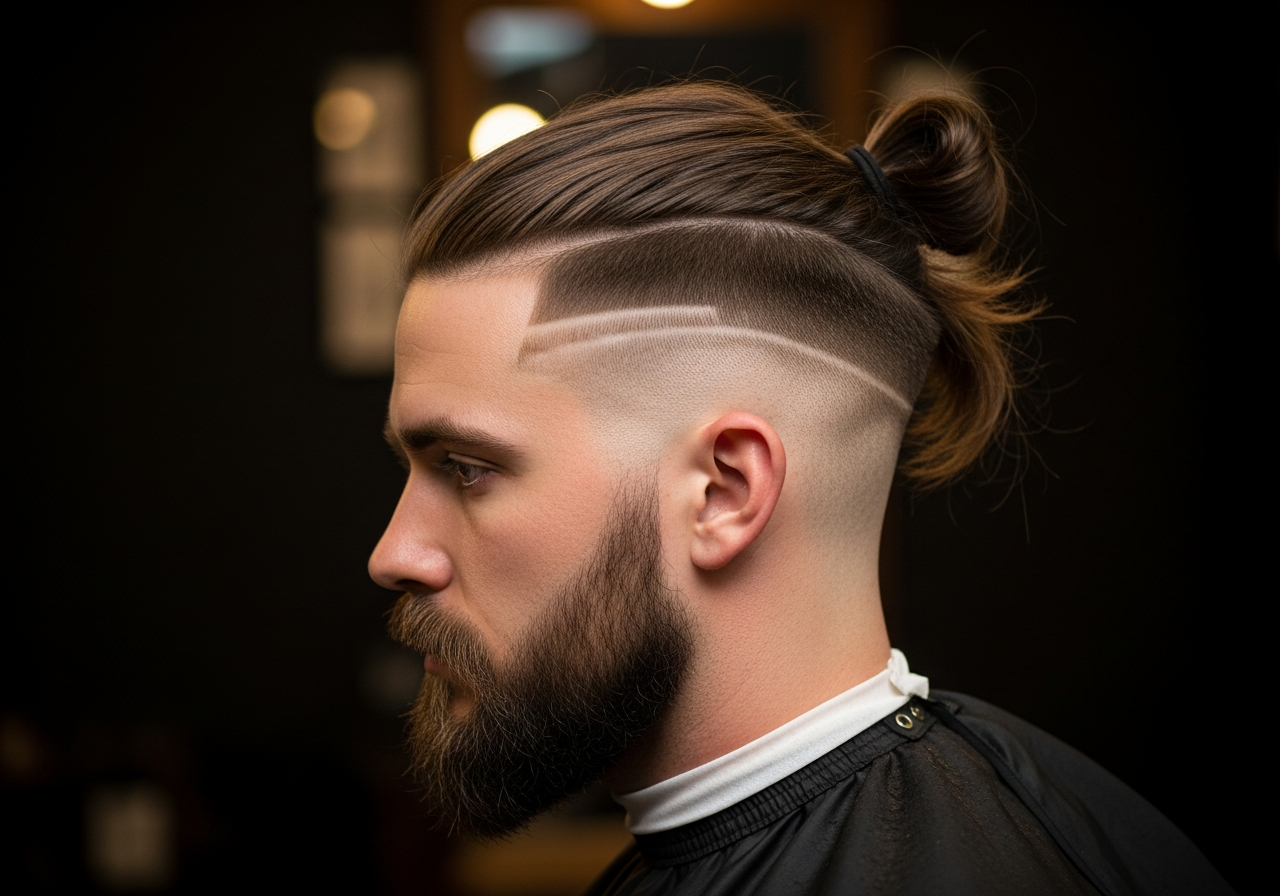 Men's Man Bun Long Top Undercut 2026 - Long hair tied in bun with shaved undercut sides