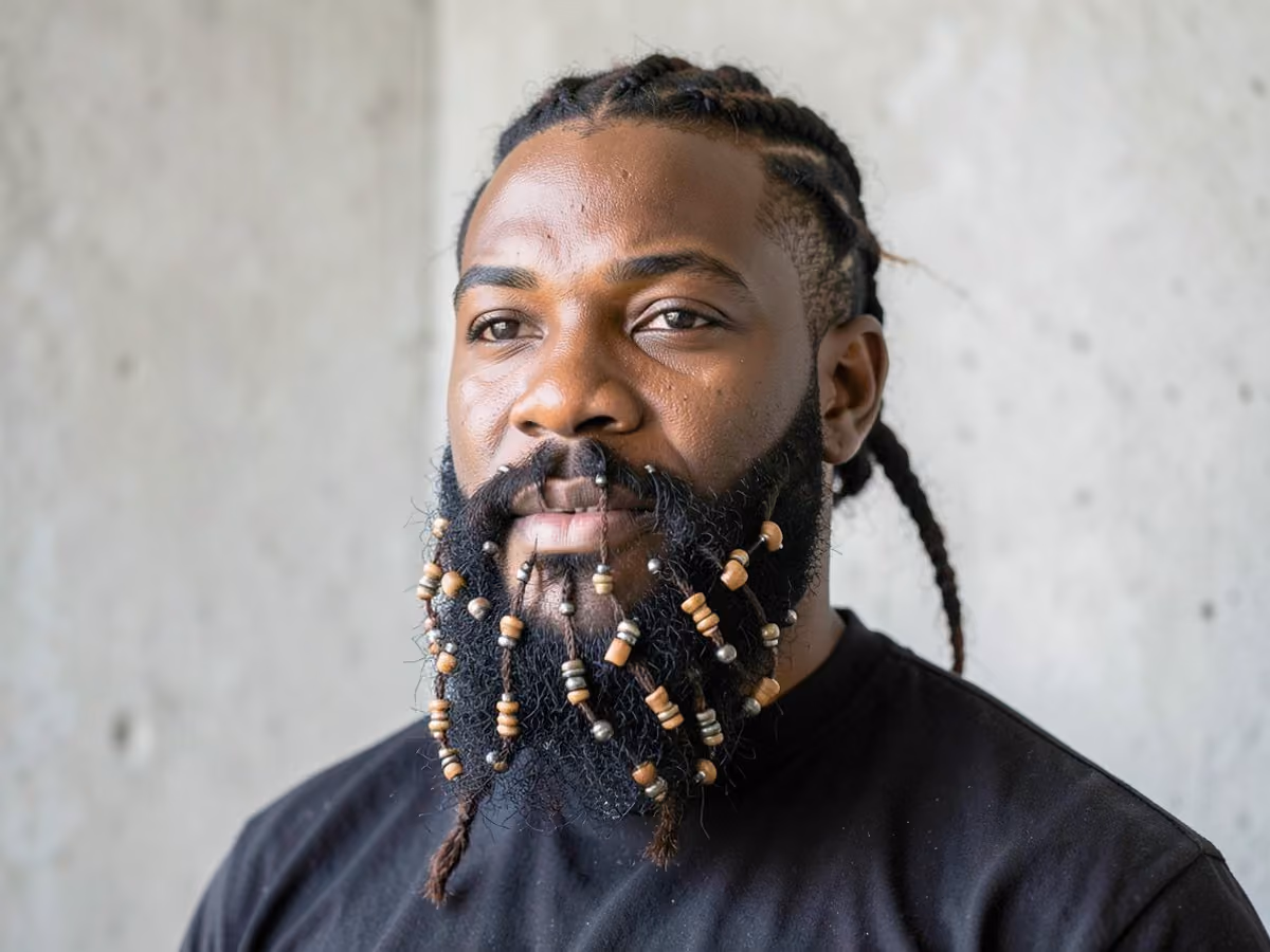 Man with a viking beard with beads haircut