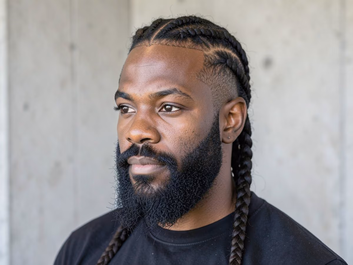Man with a viking braids with full beard haircut