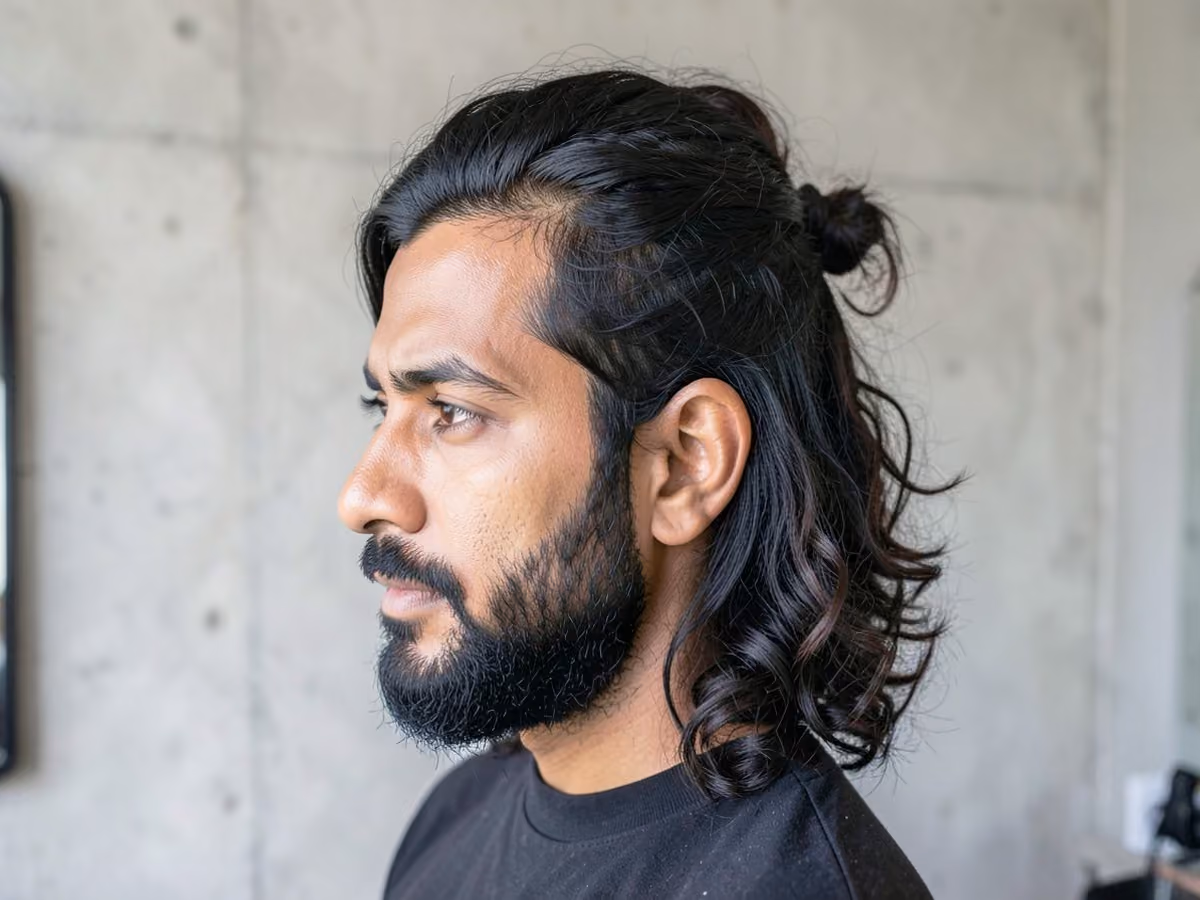 Man with a wavy hair half up