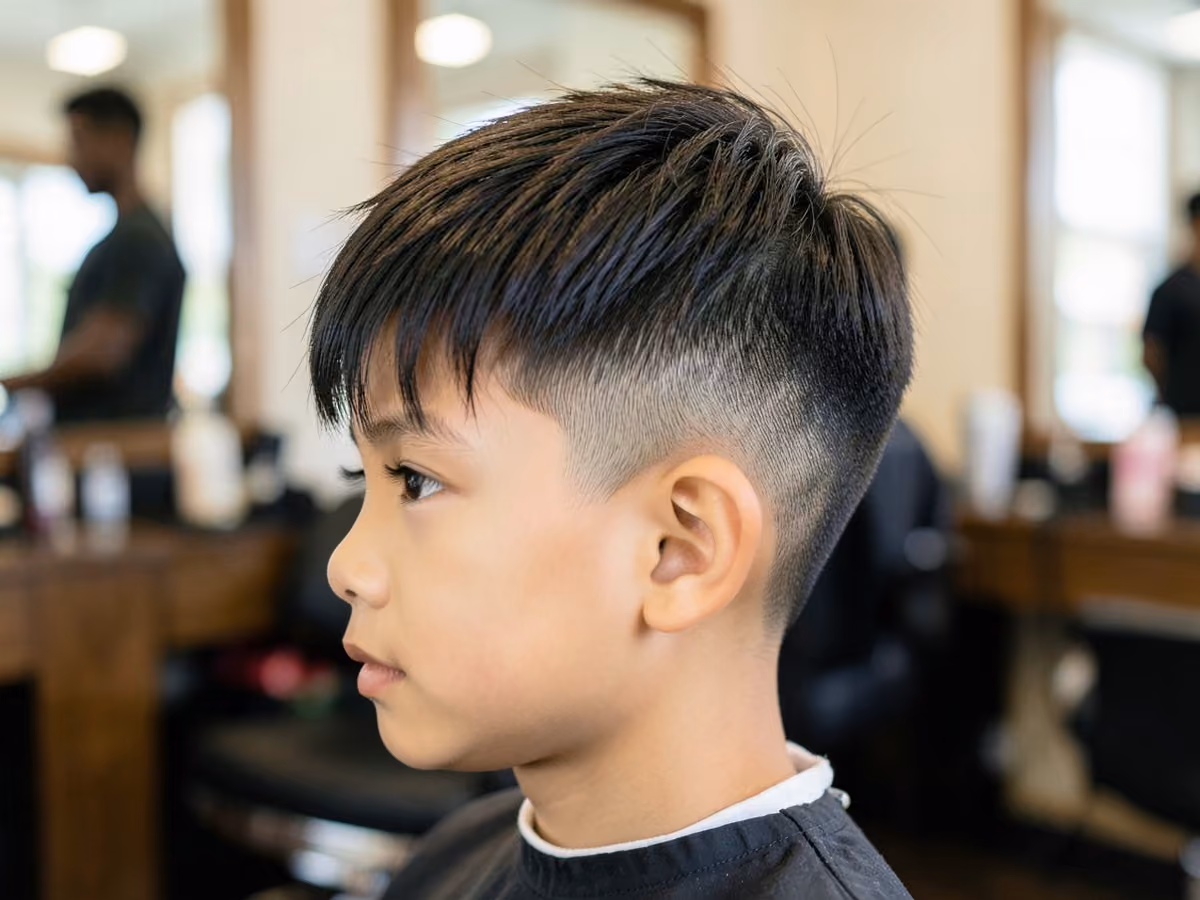 Boy with a choppy fringe taper haircut