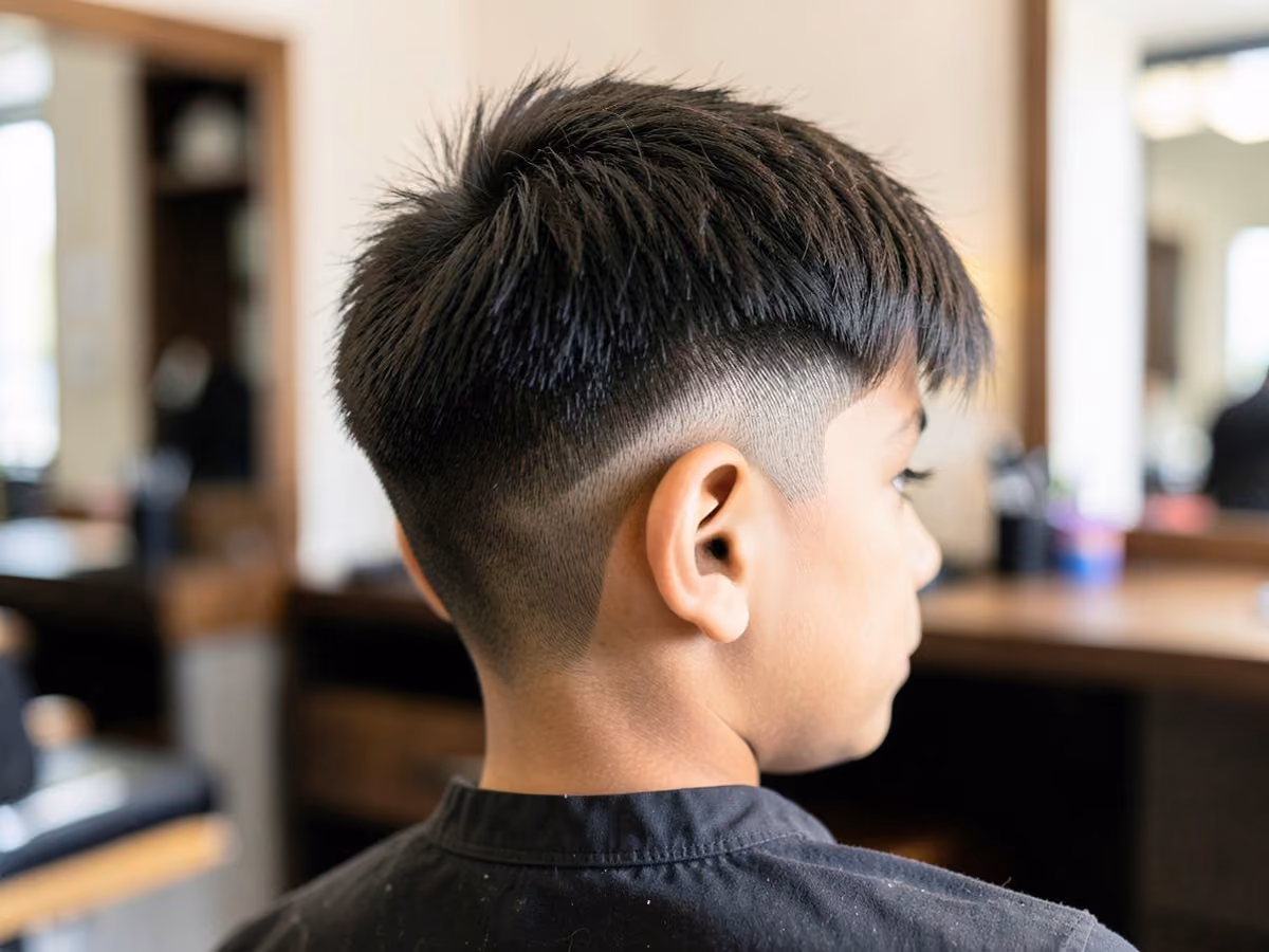 Boy with a fluffy fringe burst fade