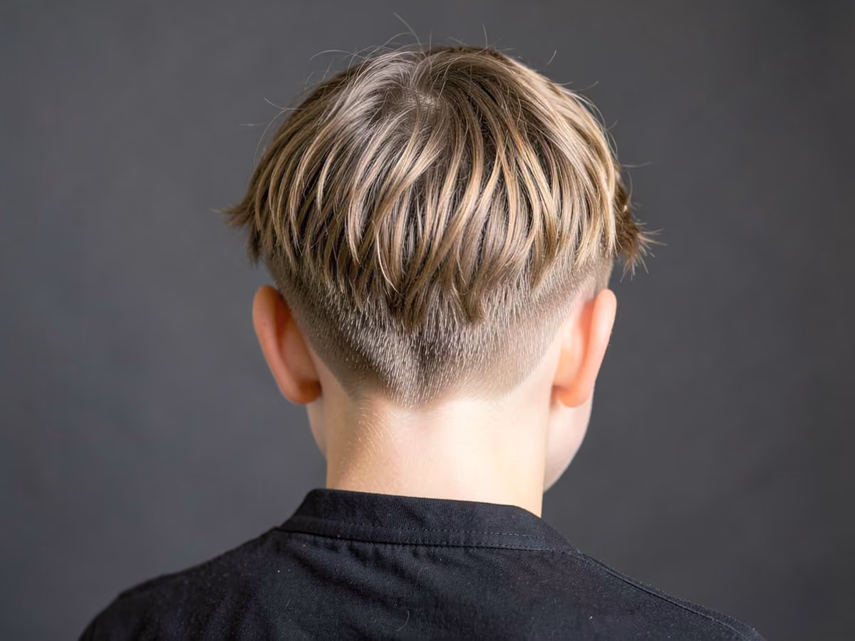Boy with a messy fringe mid taper haircut