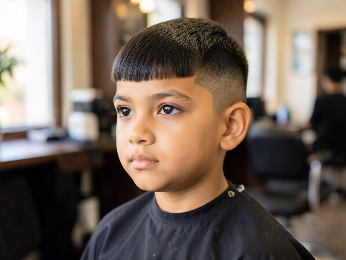 Boy with a straight fringe mid fade