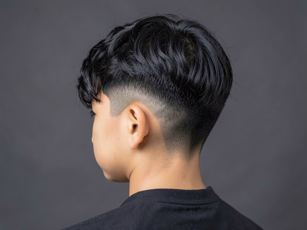 Boy with a wavy fringe drop taper haircut