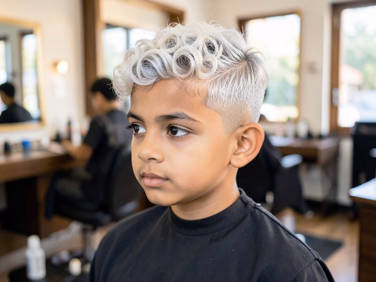 Boy with a white boy perm haircut