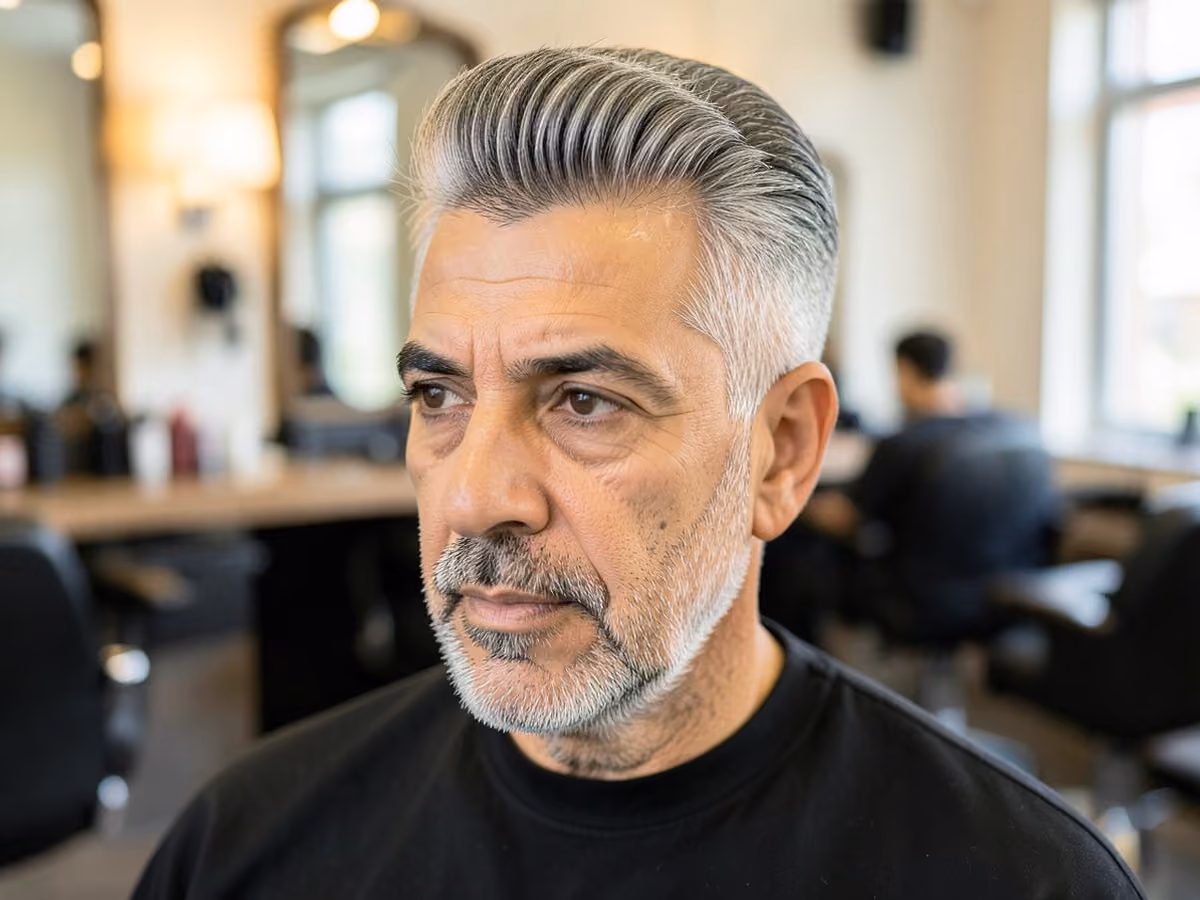 Man with a tall pompadour on long face