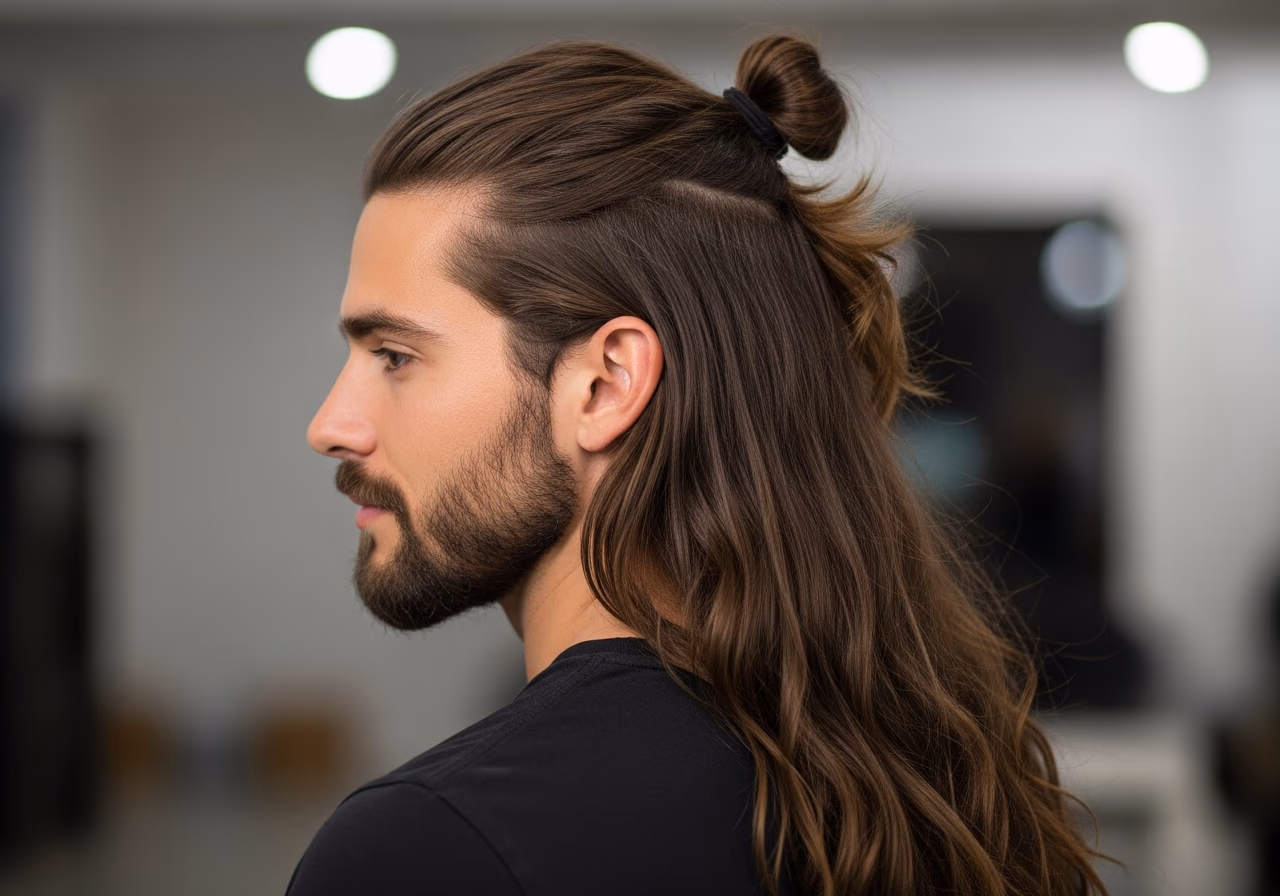 Half-Up Man Bun hairstyle for men 2026 - practical half up long hair bun
