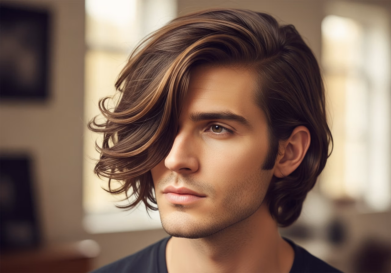 Long Side Swept haircut for men 2026 - classic side swept long hair style