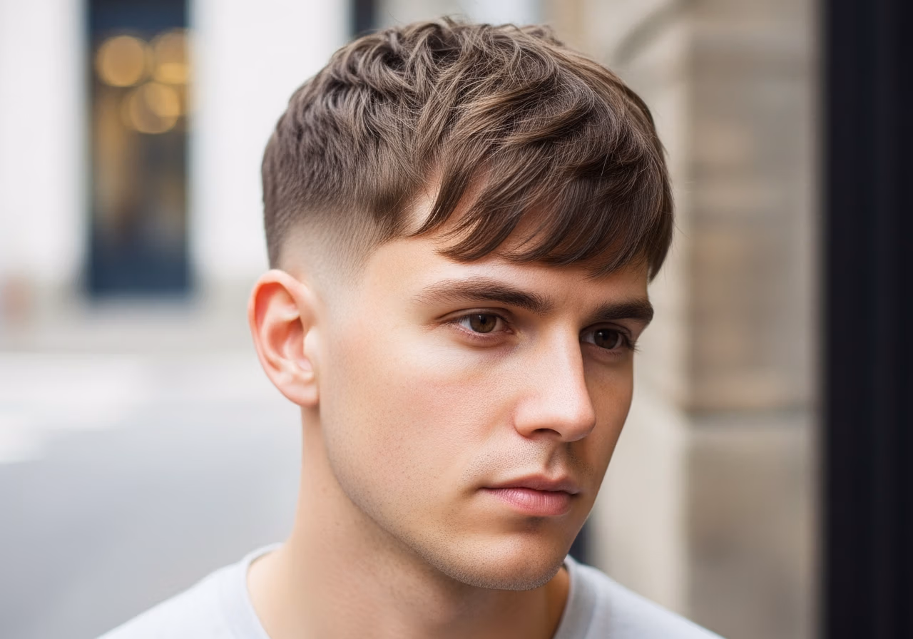 Low Fade with Fringe haircut for men 2026 - soft forward fringe