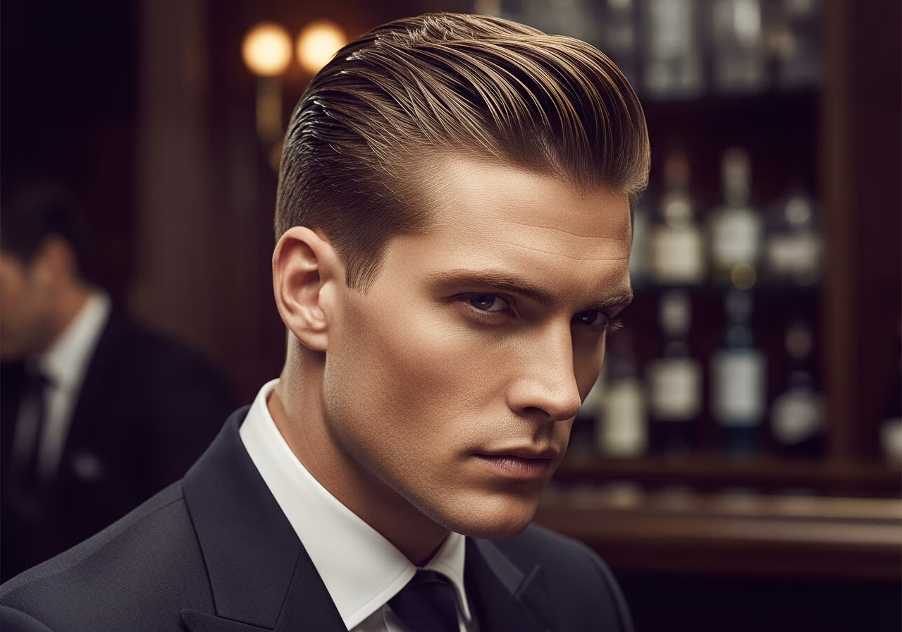Slick Back Medium haircut for men 2026 - polished wet look medium style