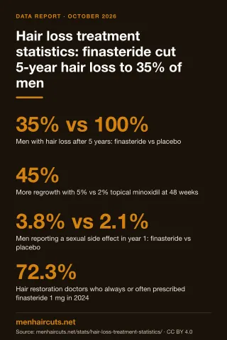 Infographic: Hair loss treatment statistics: finasteride cut 5-year hair loss to 35% of men