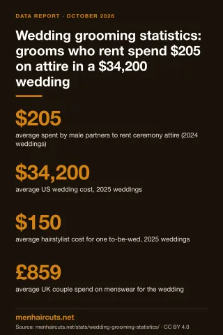 Infographic: Wedding grooming statistics: grooms who rent spend $205 on attire in a $34,200 wedding
